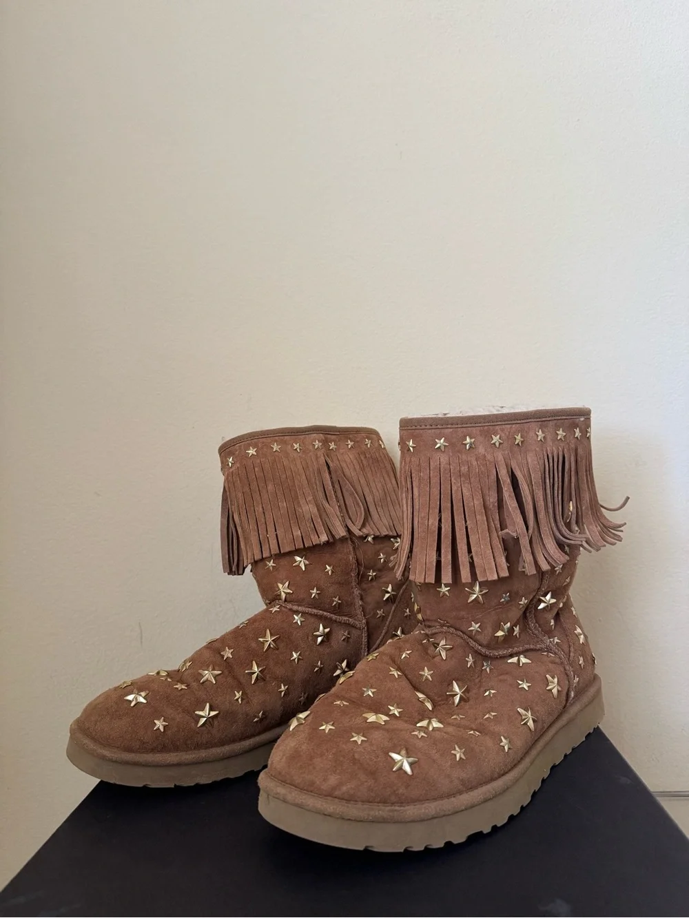 Ugg x Jimmy Choo Starlit Studded Boots Fringe Suede Chestnut US 11